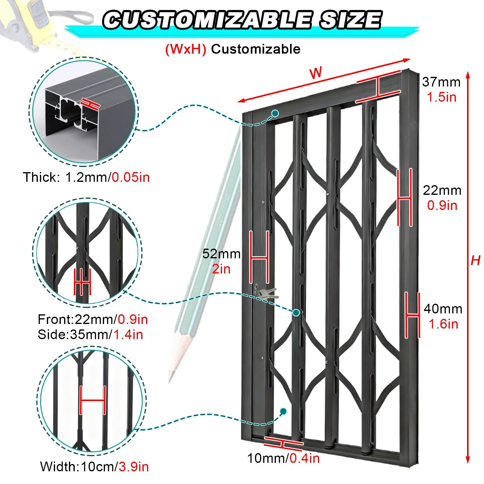 Recinzioni di sicurezza e inferriate antifurto, protezioni for ringhiere di balconi e finestre pieghevoli for impieghi gravosi, for la sicurezza dei bambini in casa(W35.4xH43.3"90X110CM)