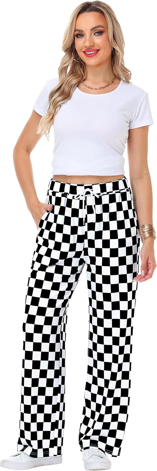 Remimi Womens Checkered Pants Casual Loose Wide Leg Sweatpants with Pockets - Image 4