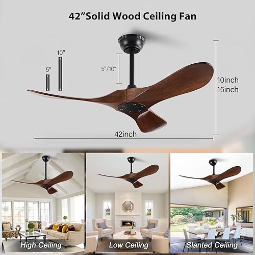 Miniatura 4 de Ventiladores de techo de 52 pulgadas sin luces, ventilador de techo de madera maciza sin luz con control remoto, ventilador moderno con motor de CC