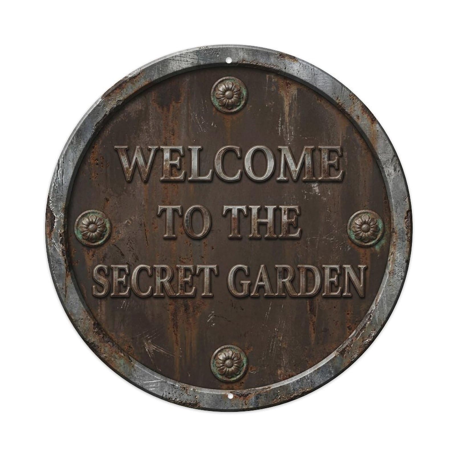 Vintage Welcome Secret Garden Pewter Brown Metal Tin Sign