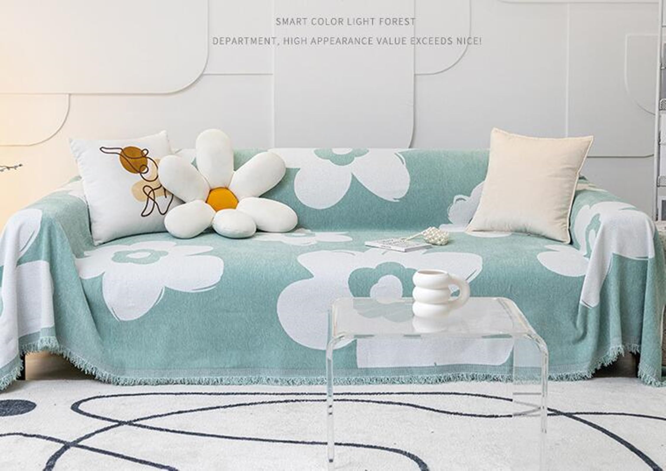 Plaid Couverture Canapé, 180x380CM, Convient à 4 Places, Motif Fleurs à Franges, Vert Clair, Housse de Canapé Chenille Protection, Anti Griffe de Chat