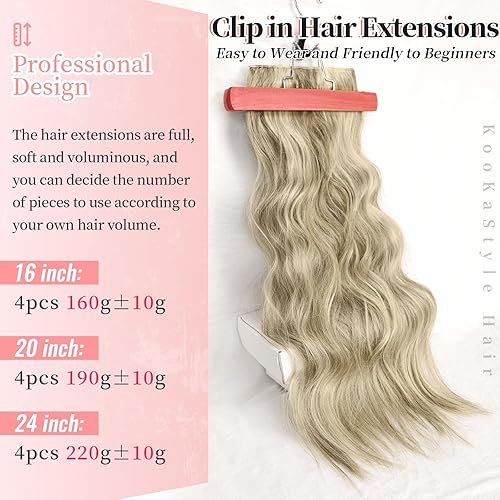 Miniatura 108 de KooKaStyle Extensiones de cabello rubio playa con clip, extensiones de cabello sintético largo ondulado y grueso, 4 piezas de 20 pulgadas para mujer
