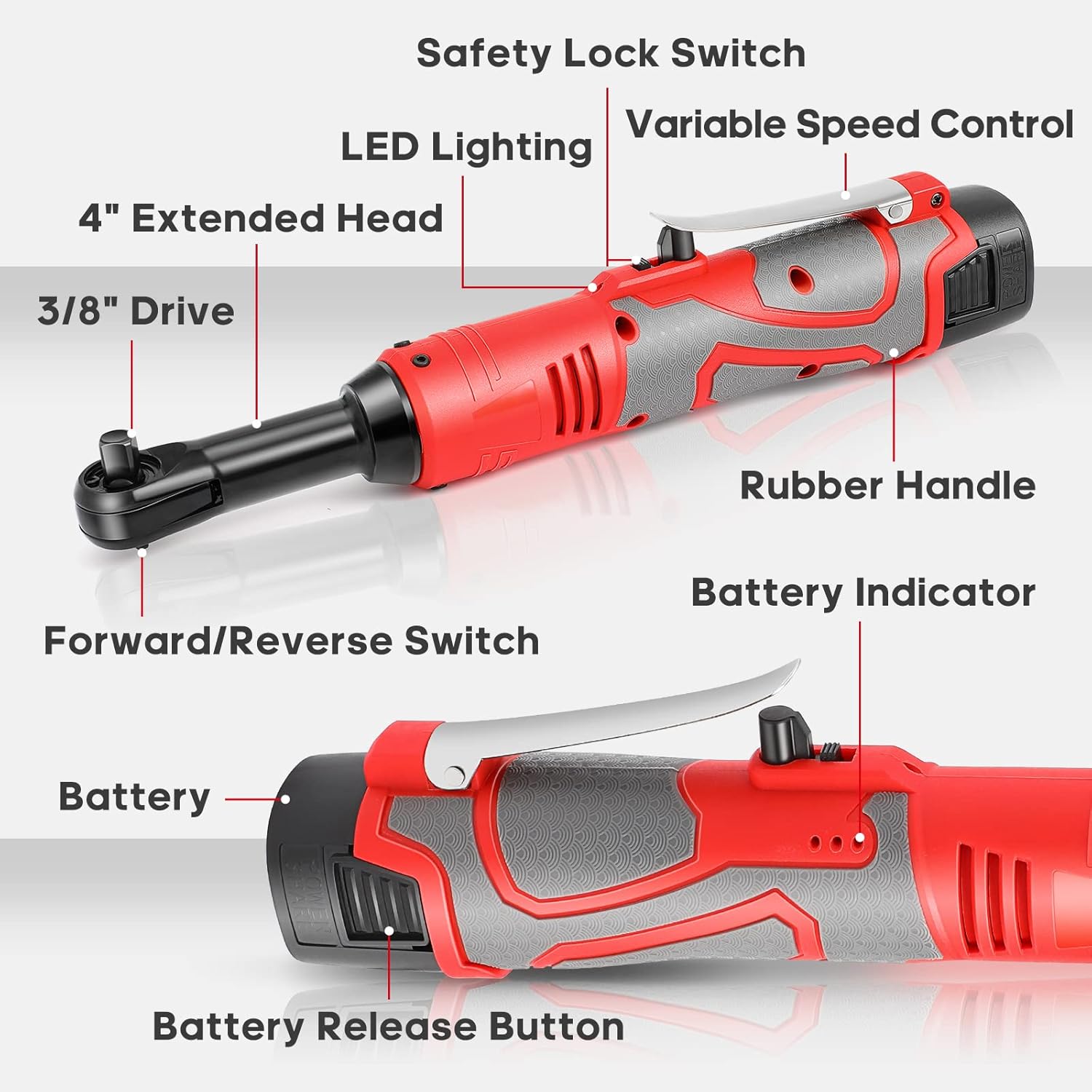 FAHKNS 18V Extended Cordless Ratchet Wrench 3/8 Electric Wrenches Set 45 ft-lbs (60 N.m) 400RPM Power,2 Battery 2.0Ah Lithium-Ion,7 Sockets (10/11/12/13/14/15/17mm) And Charger,Variable Speed Trigger