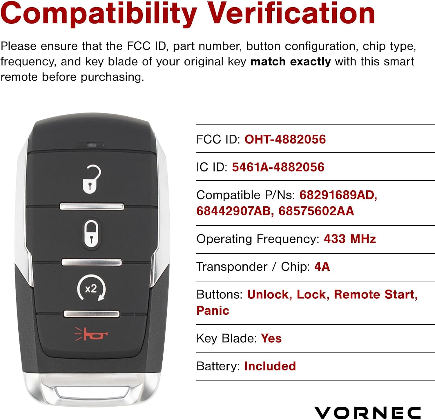 Key Fob Replacement for Dodge RAM 1500 Pickup (2019–2024) – 4 Button Smart Remote with Remote Start – FCC ID OHT-4882056 P/Ns 68291689AD