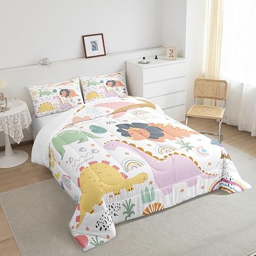 Miniatura 4 de Feelyou Juego de edredón de dinosaurio, tamaño individual, bonito juego de edredón de dinosaurio arcoíris para niños y niñas, juego de edredón