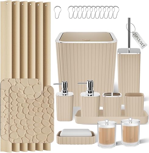 Miniatura 37 de Juego de baño con cortina de ducha y alfombras - Juego de accesorios de baño de 25 piezas, juego de cortina de ducha azul marino, escobilla para el