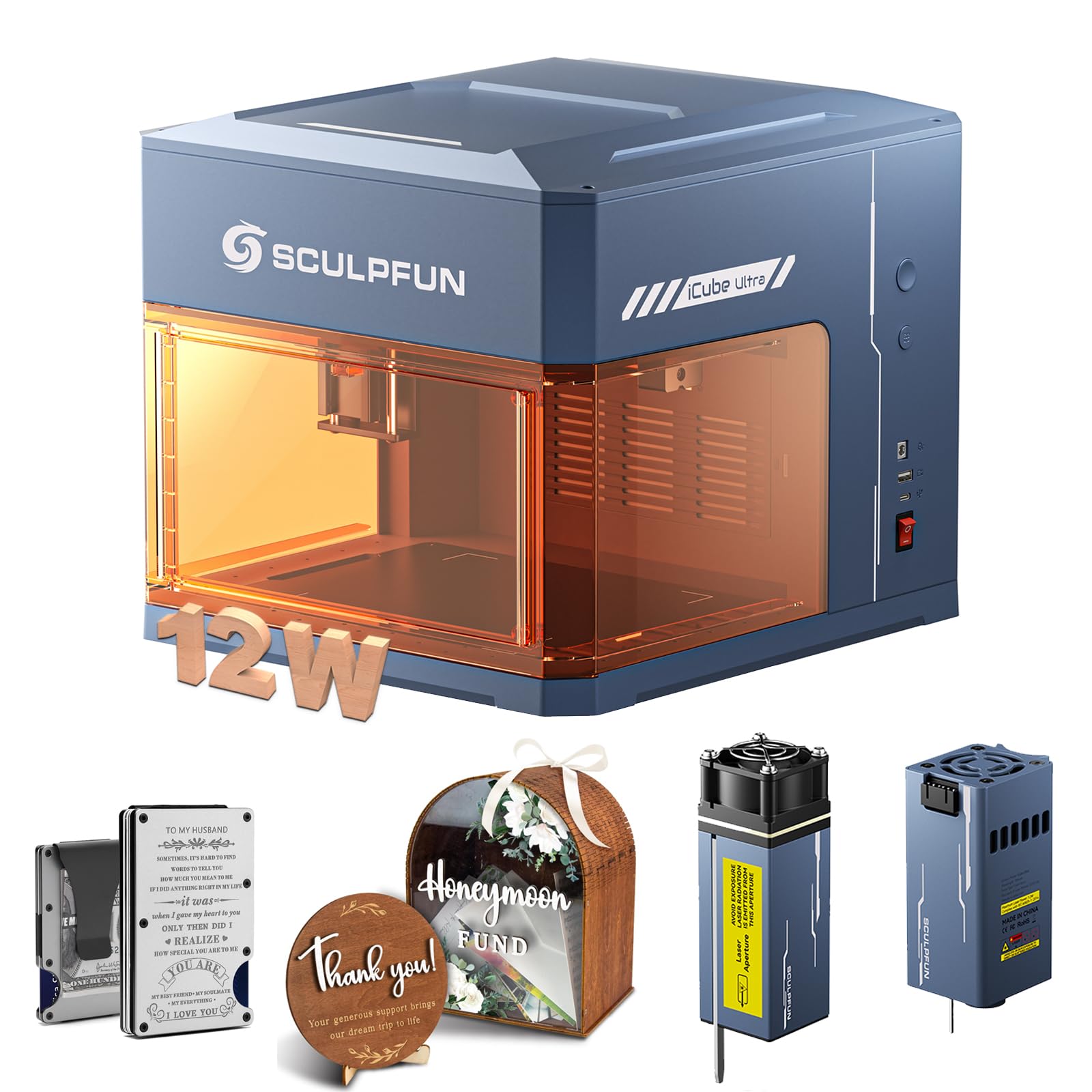 SCULPFUN iCube Ultra Dual Grabadora láser de escritorio láser de 12 W + láser infrarrojo de 1,2 W, máquina de grabado láser totalmente cerrada, área de trabajo de 150 x 135 mm con filtro de humo