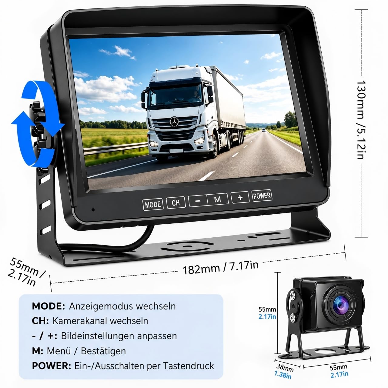 Rückfahrkamera-Set mit 7"-LCD-1080P Monitor & 170° Weitwinkel- Rückfahrkamera, IP69 wasserdicht, Nachtsicht, Stabilem Signal Backup-Kamera mit 15m Kabel,für LKW/Anhänger/Bus/Van/Landwirtschaft/Wohnmob
