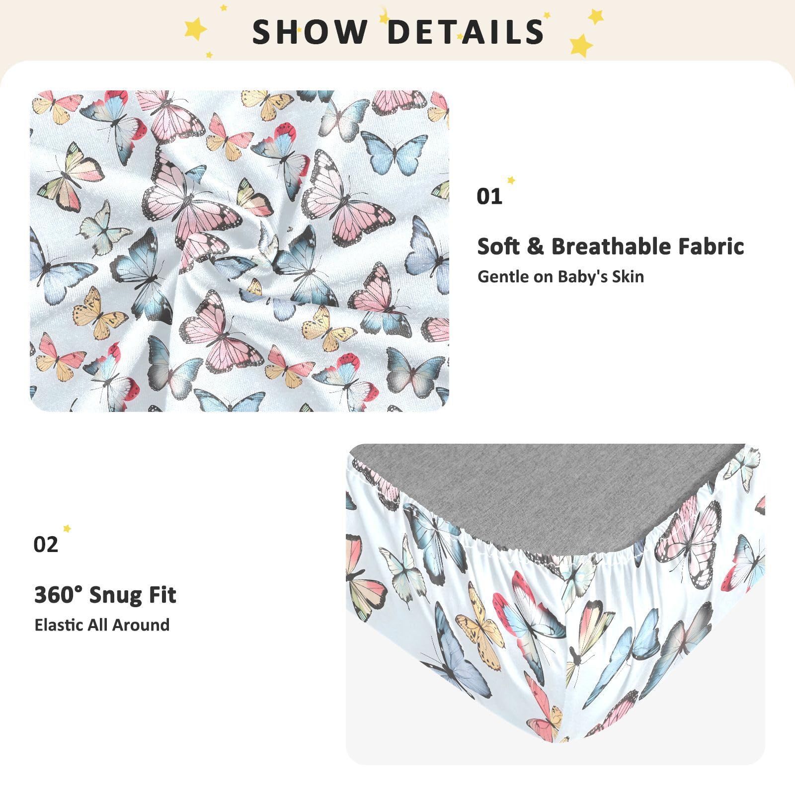 Drap-housse pour berceau de bébé avec motif papillons colorés pour garçons et filles, drap-housse standard doux, 71,1 x 132,1 cm