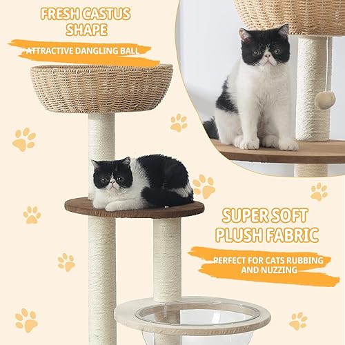 Miniatura 4 de Torre moderna para gatos grandes, condominio de lujo de sisal natural real, torre de madera tejida a mano para gatos, árbol rascador para gatos de