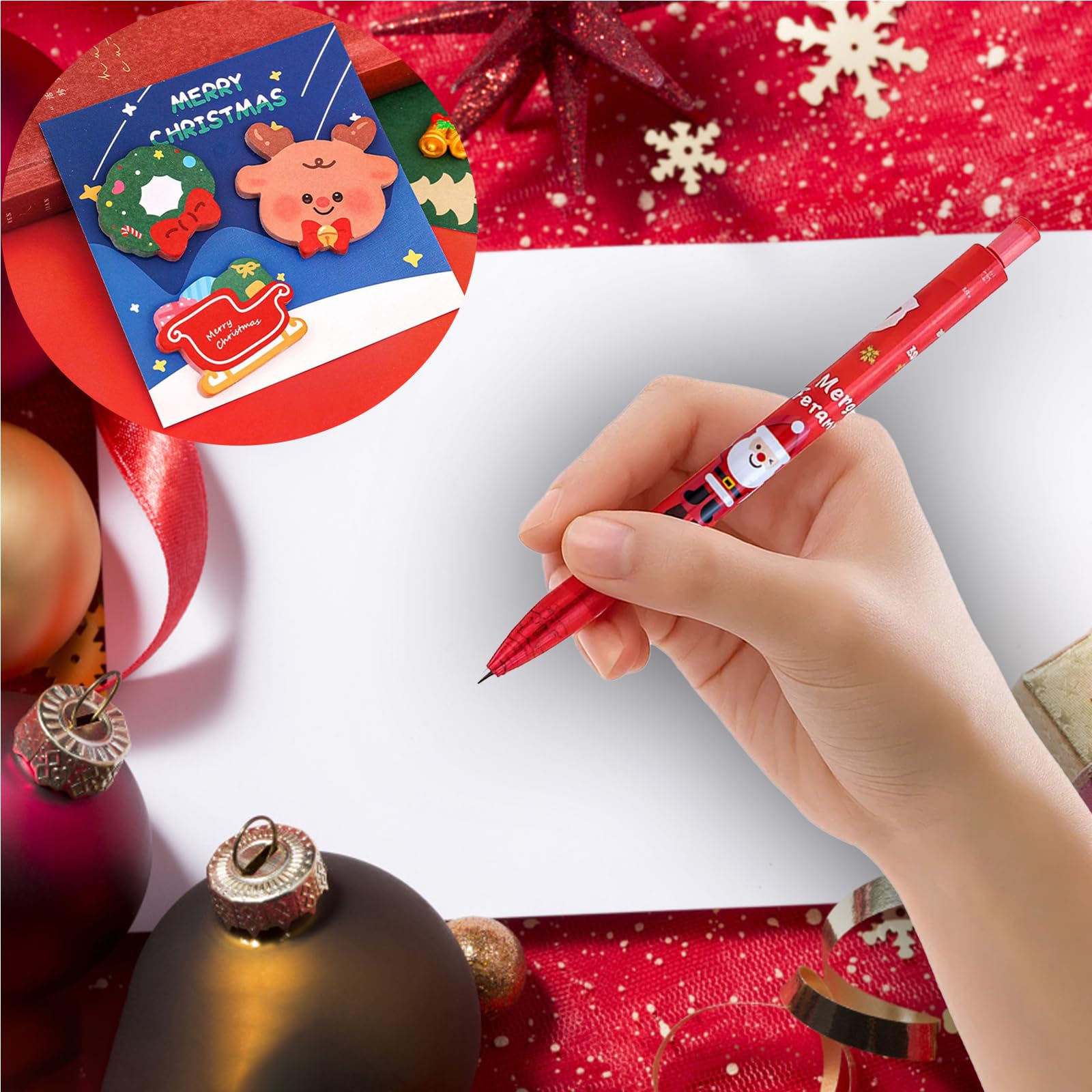 12 Stück Weihnachts-Kugelschreiber + 4 Haftnotizen Set, Festliches Schreibset für Büro, Haushalt & Geschenkzwecke