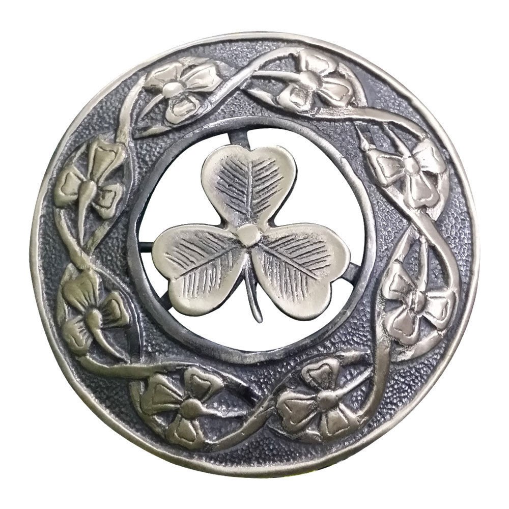Men's Scottish Irish Shamrock Kilt Brooch Fly Plaid Silver Antique Finish 3" (7cm) diameter S