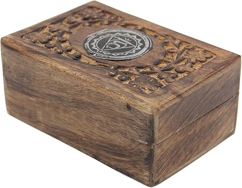 Caja de almacenamiento de madera tallada a mano para joyería de chakras (garganta)