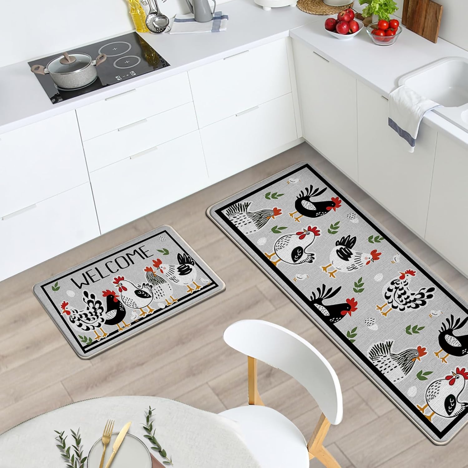 Welcome Farmhouse Chicken Kitchen Rugs Set of 2, Farm Animals Rooster Hen Chicks Eggs Floor Mats Home Decor, Rustic Country Door Mat Decorations - 17x29 and 17x47 Inches