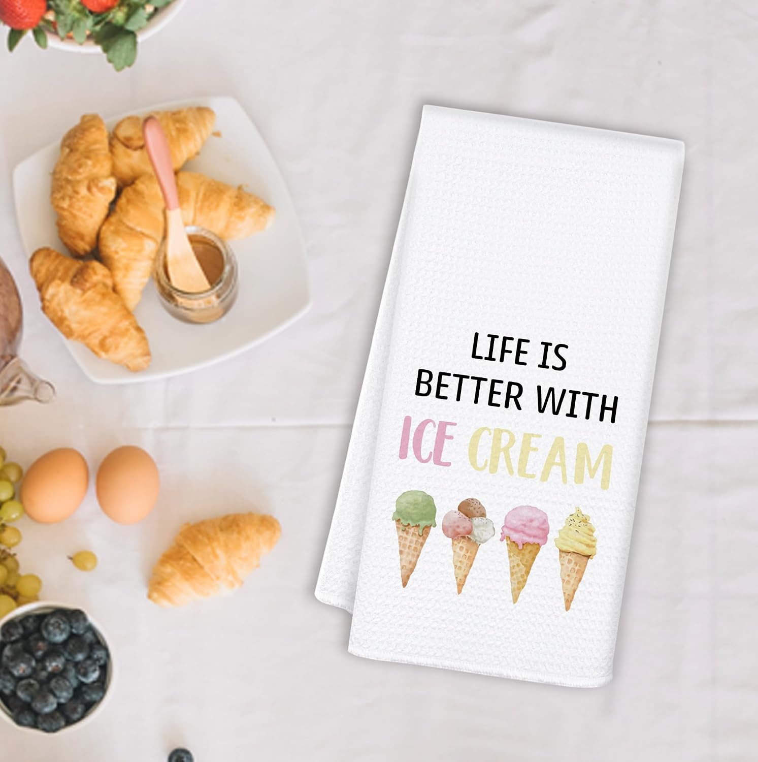 Summer Ice-Cream Kitchen Towels, Ice Creams Lovers Gifts Dish Tea Towels for Kitchen Decor, Life is Better with Ice Cream Decorative Hand Towels for Bathroom, 16x24 Inch