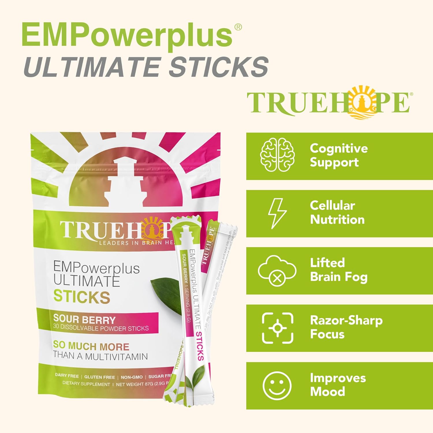 Truehope Multivitamin Nootropic Pouches with Inositol - Once-Per-Day EMPowerplus Ultimate Sticks - 30 Count (Sour Berry)