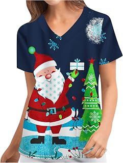 Women Christmas Scrub Tops Santa Print Medical Nursing Workwear Short Sleeve V-Neck Working Uniform with Pockets