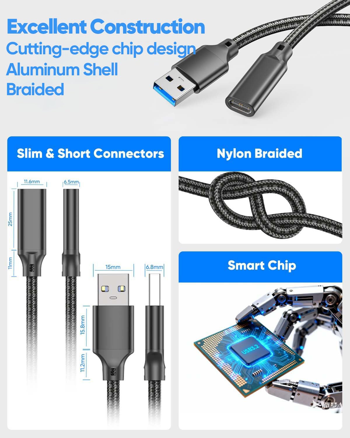 Adapterkabel USB-C-Buchse auf USB-Stecker, 1,5 m, 10 Gbit/s USB-A auf USB-C-Kabel-Verlängerungskabel, USB 3.2 Gen 2 Datenübertragung, 15 W sicheres Laden, USB-A-auf-C-Adapterkabel für Laptop, PC