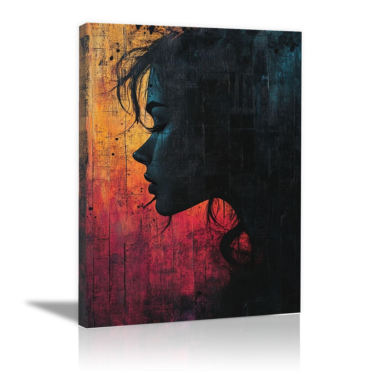 QUSAAOU Fashion Portrait Canvas Wall Art Woman Silhouette Grungy Red and Orange Background For Living Room Bedroom African American Decor For Home Afro Woman Poster And Prints -40x60cm Framed