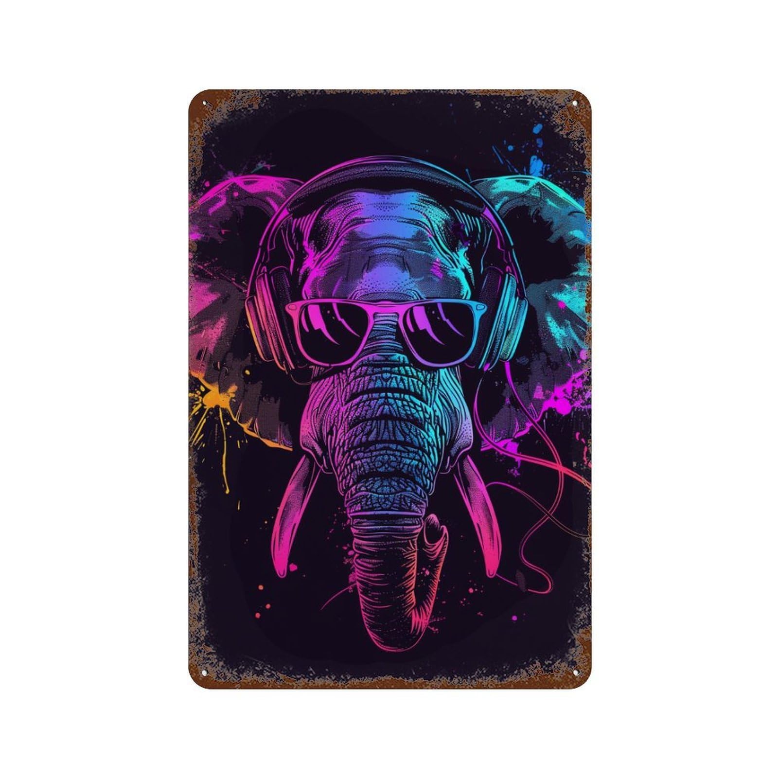 Neon Elephant Headphones Art Print -3 11.8"x7.9" Rustic Tin Plaque, Industrial Home Decor for Farmhouse, Kitchen And Entryway Decor