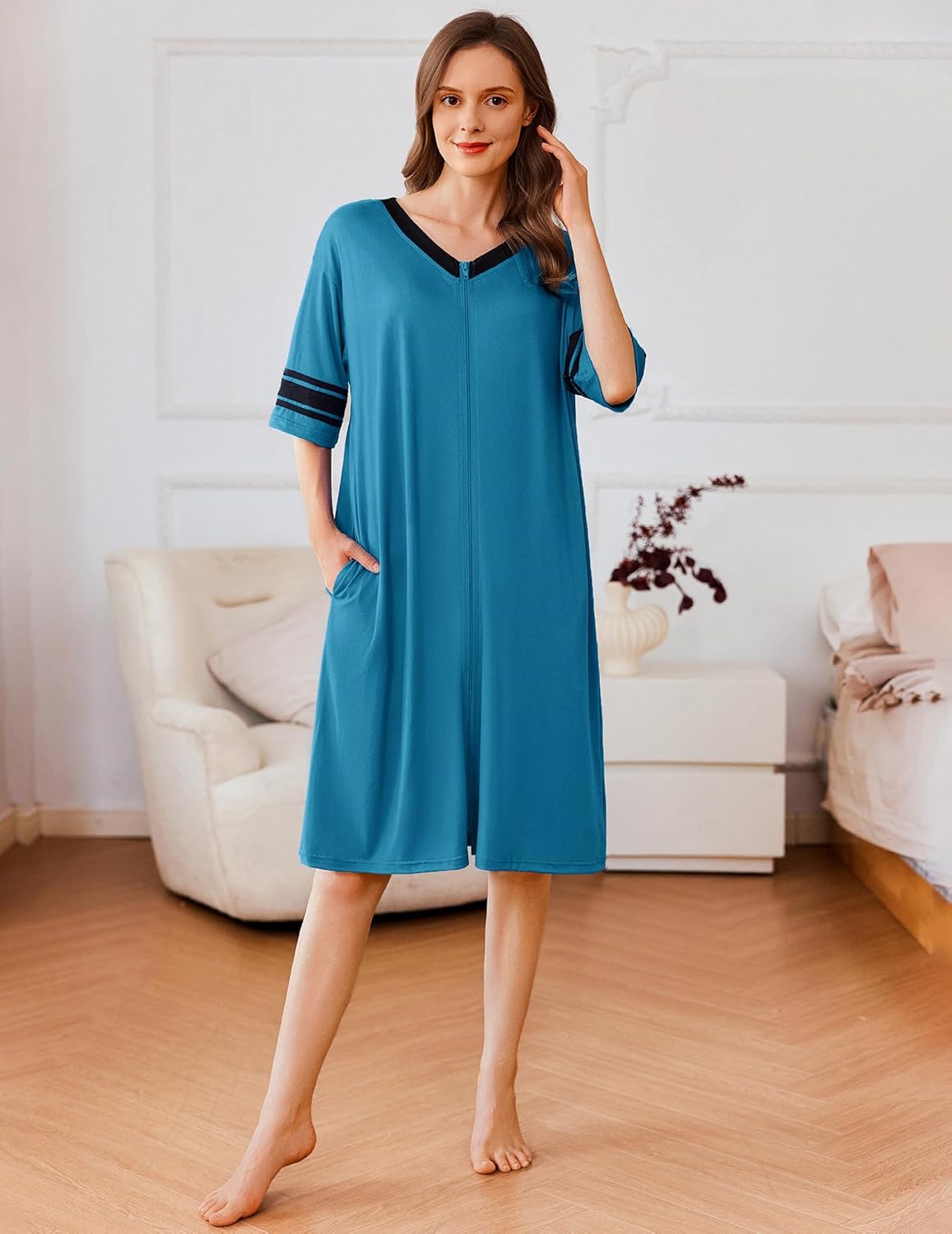 Ekouaer Women Zipper Robe Short Striped Sleeves Lightweight Robes Color Block Bathrobe Soft Sleepwear with Pockets S-3XL - Image 3