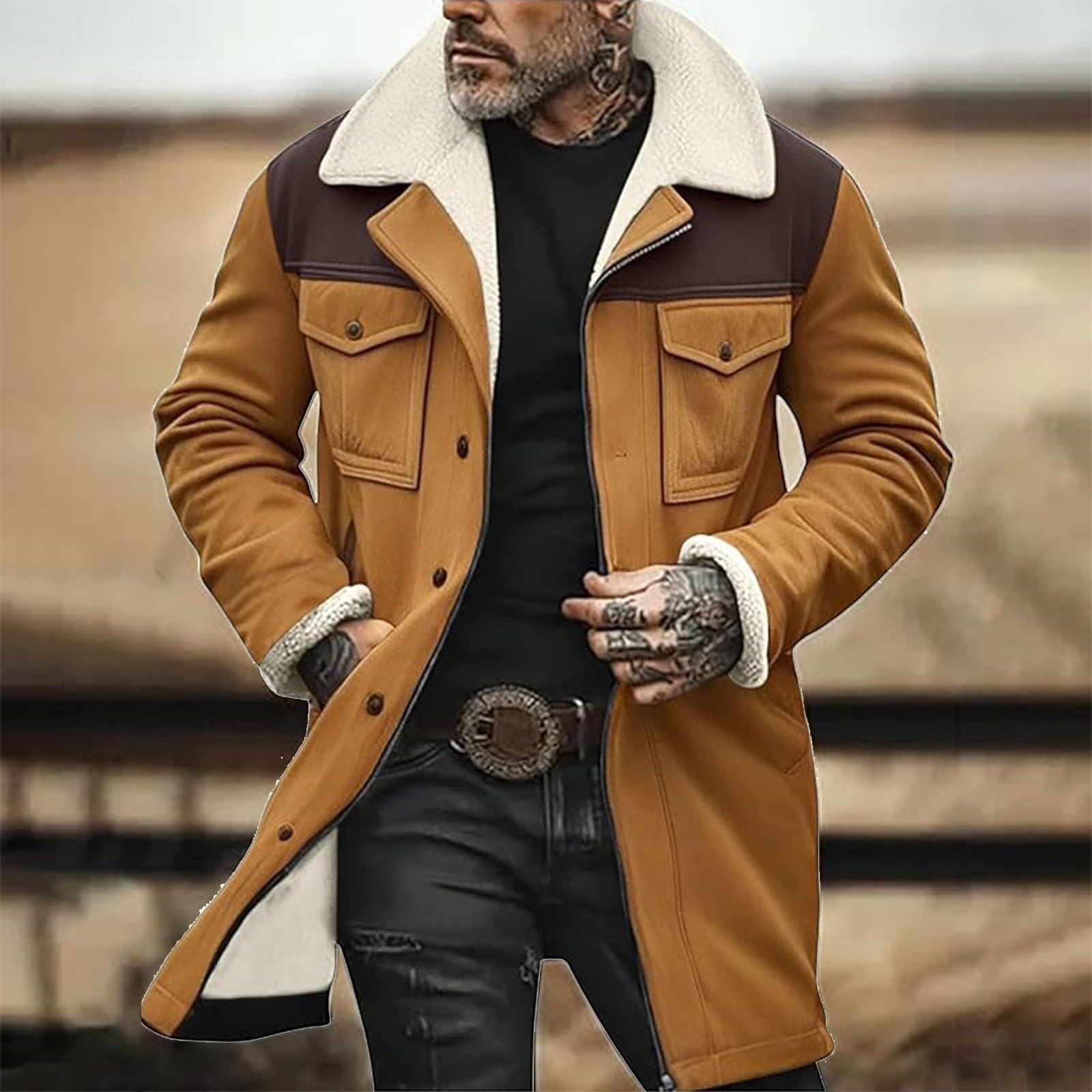 Giubbotto Invernale Uomo Giacca Vintage in Pelle Scamosciata Colletto rovesciato Giubbino Giacchetto Foderata in Pile Caldo Lavoro Cappotto Con Bottone e Tasche Manica Lunga Sherpa Termica Morbido