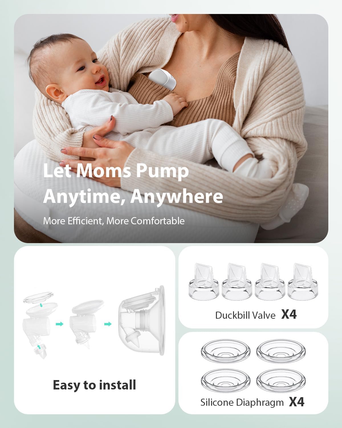 Sweleke Wearable Breast Pump Replacement Set, 4PCS Diaphragms & 4PCS Duckbill Valves, Compatible with Momcozy S9Pro/S12Pro (Not Original) - 2
