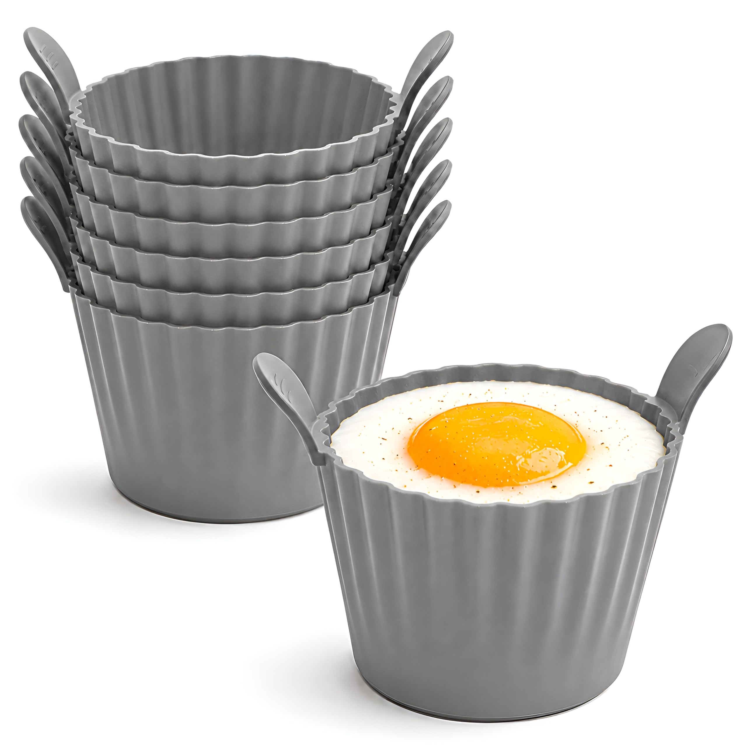 6 Pack Air Fryer Ramekins, Durable Silicone Cups for Breakfast Meals, Silicone Egg Moulds for Poached Eggs, Muffins, and Cupcakes, Oven and Dishwasher Safe (Grey)