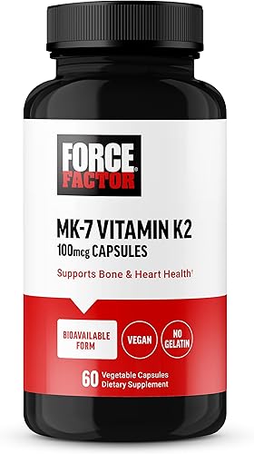 FORCE FACTOR Vitamina K2 MK-7 de 100 mcg, suplementos de apoyo óseo para mujeres y hombres, apoya la salud cardíaca, la densidad ósea y más, forma