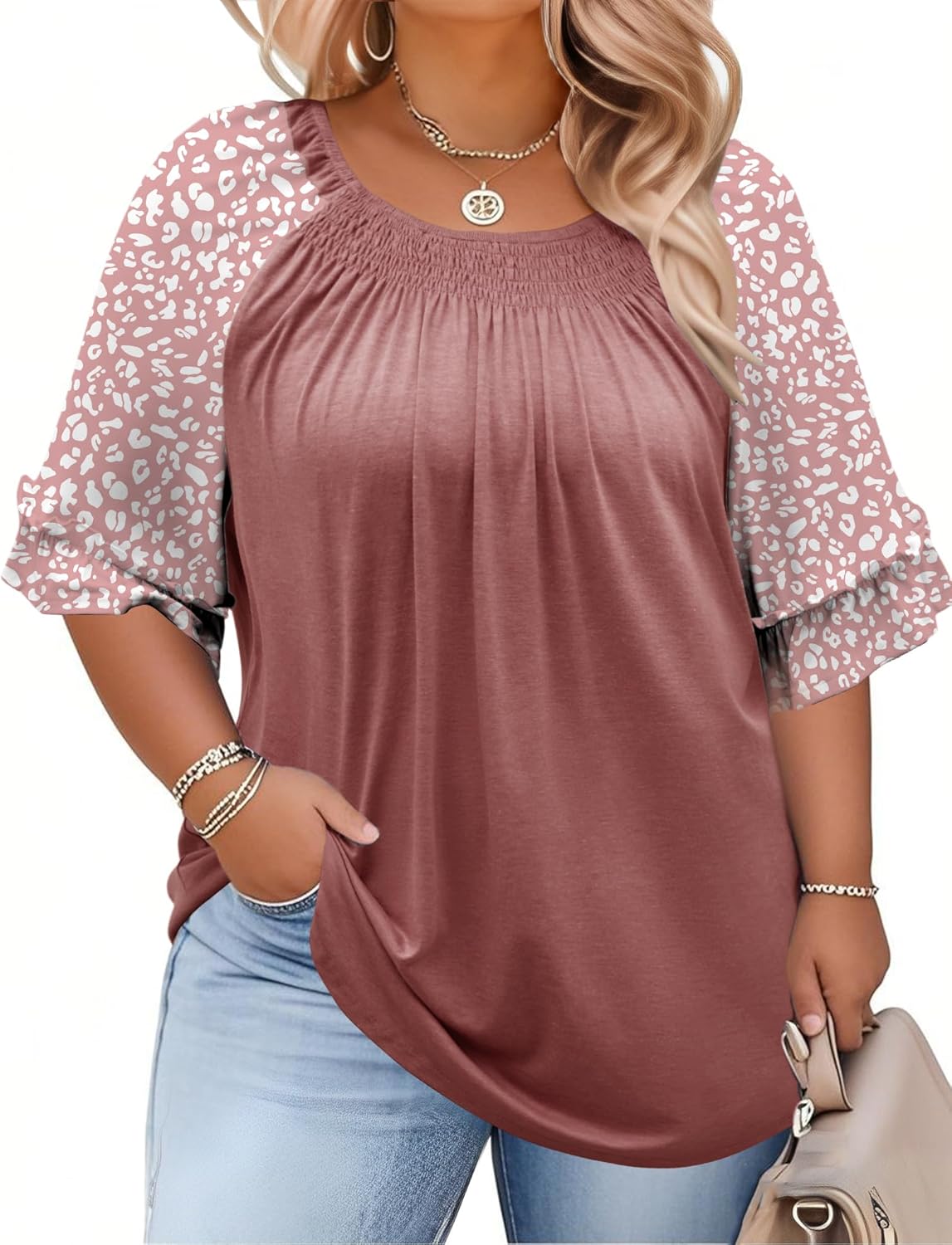 Chulianyouhuo Women's Plus Size Tops Ruffle 3/4 Sleeve Crew Neck Blouse Casual Pleated Fashion Tunic Tops 2025 (1X-5X)
