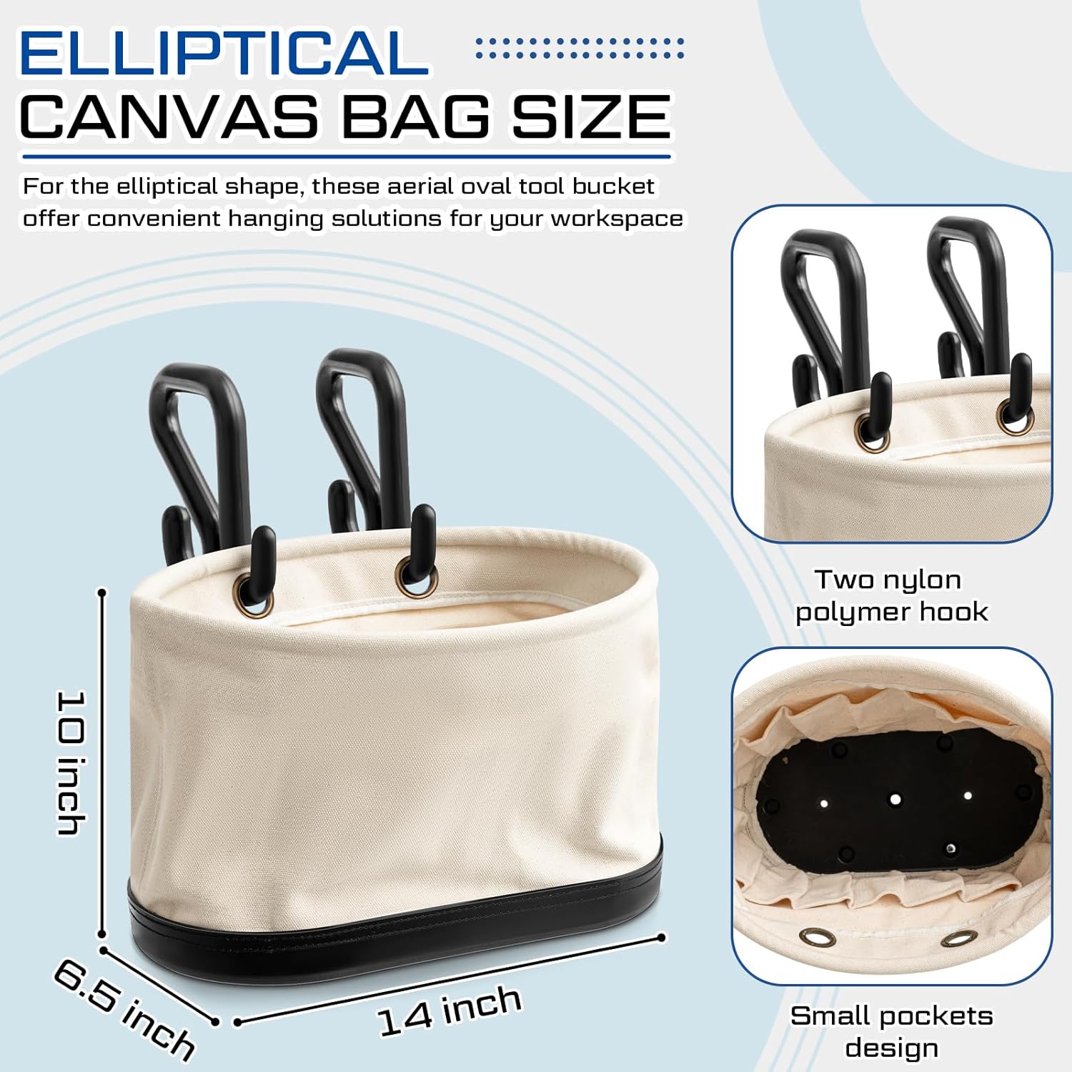 Eccliy 2 Set of Canvas Bucket Bags, Aerial Oval Tool Bucket with Black Polypropylene Bottom, Includs Hooks and Interior Pockets Tool Organizer for Industrial Maintenance Construction Sits