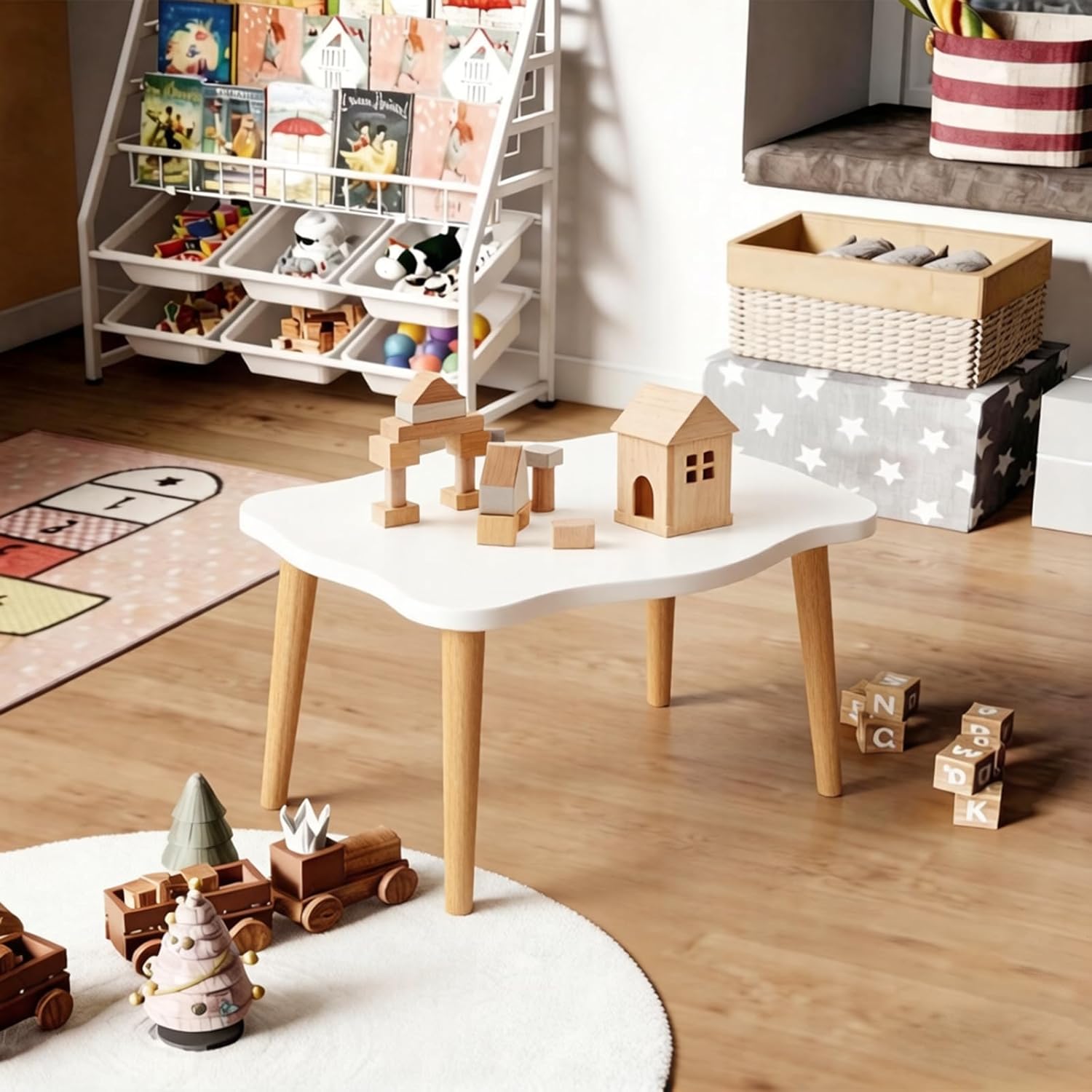 Cookie Coffee Table Low Table with 4 Solid Wood Sturdy Legs,Floor Table Desk for Sitting on The Floor,19.7"D x 31.5"W x 16"H Inches,Living Room/Toy room Furniture,Rental house Furniture(White)