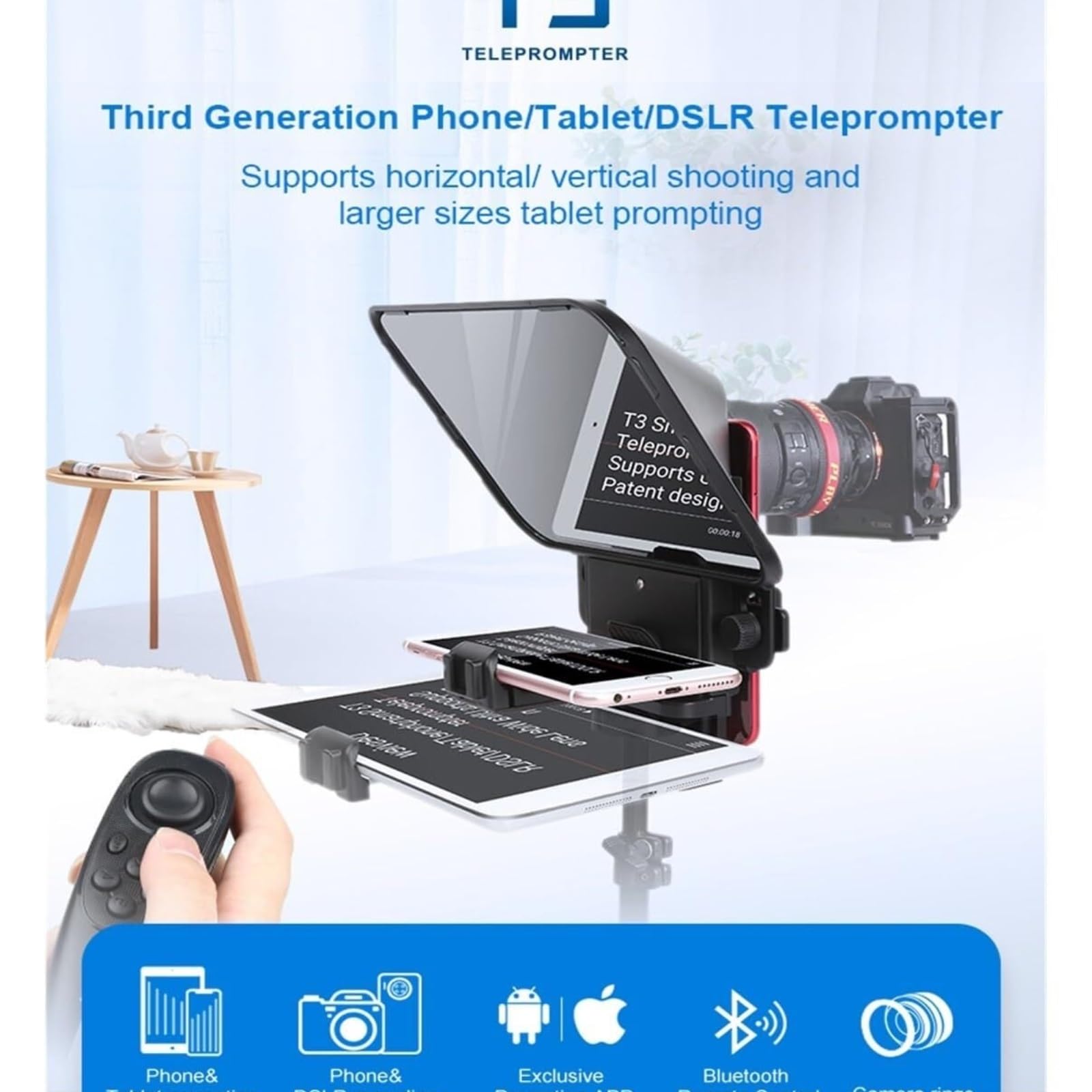 Teleprompter, Teleprompter Für Smartphones, Tablets Und DSLR-Kameras Mit Fernbedienung, Unterstützt Weitwinkelobjektiv Für Sprachvideos In Echtzeit,für Live-Streaming