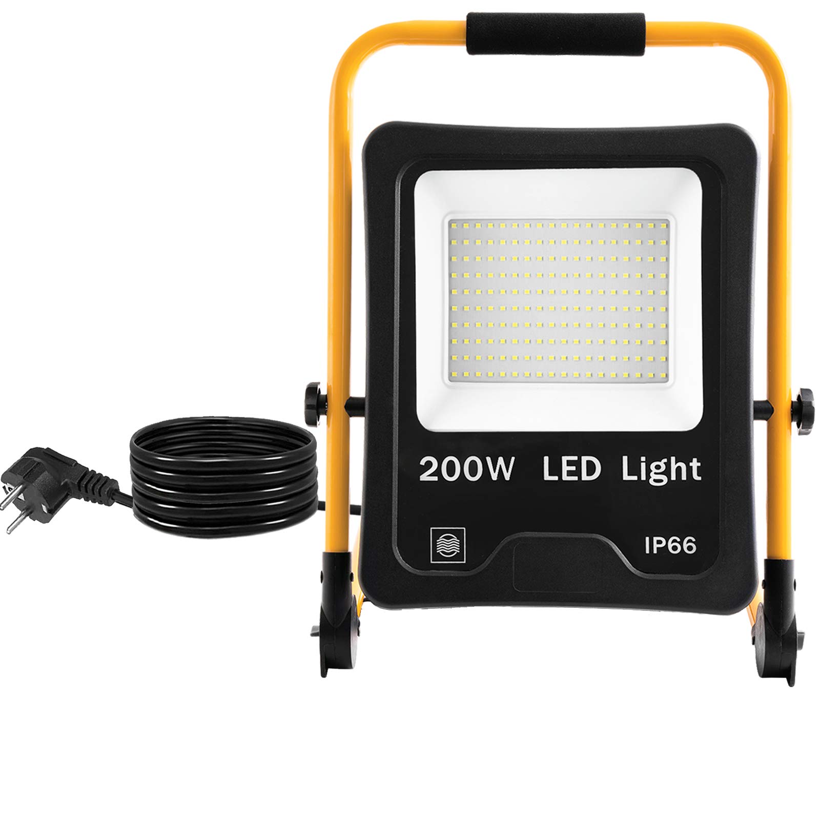 Aufun Foco LED portátil de 200 W con enchufe, con cable de alimentación de 3 m, lámpara de construcción con brazo plegable, foco ajustable, IP66 resistente al agua para obras, talleres, blanco frío