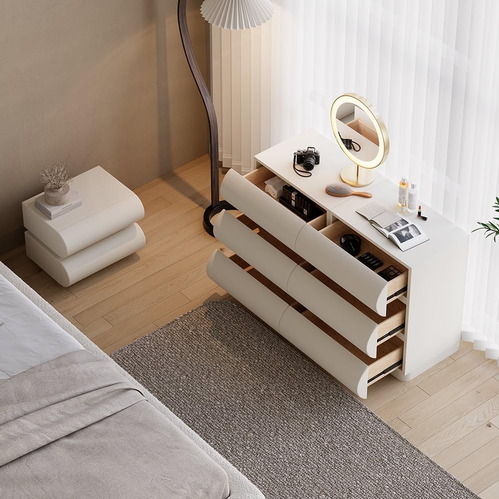 homary 3 Piece Bedroom Sets, White Nightstands Set of 2 and 6 Drawers Dresser, Smart Night Stand with Wireless Charging USB, Faux Leather Chest of Drawers Storage Drawers 3Pcs