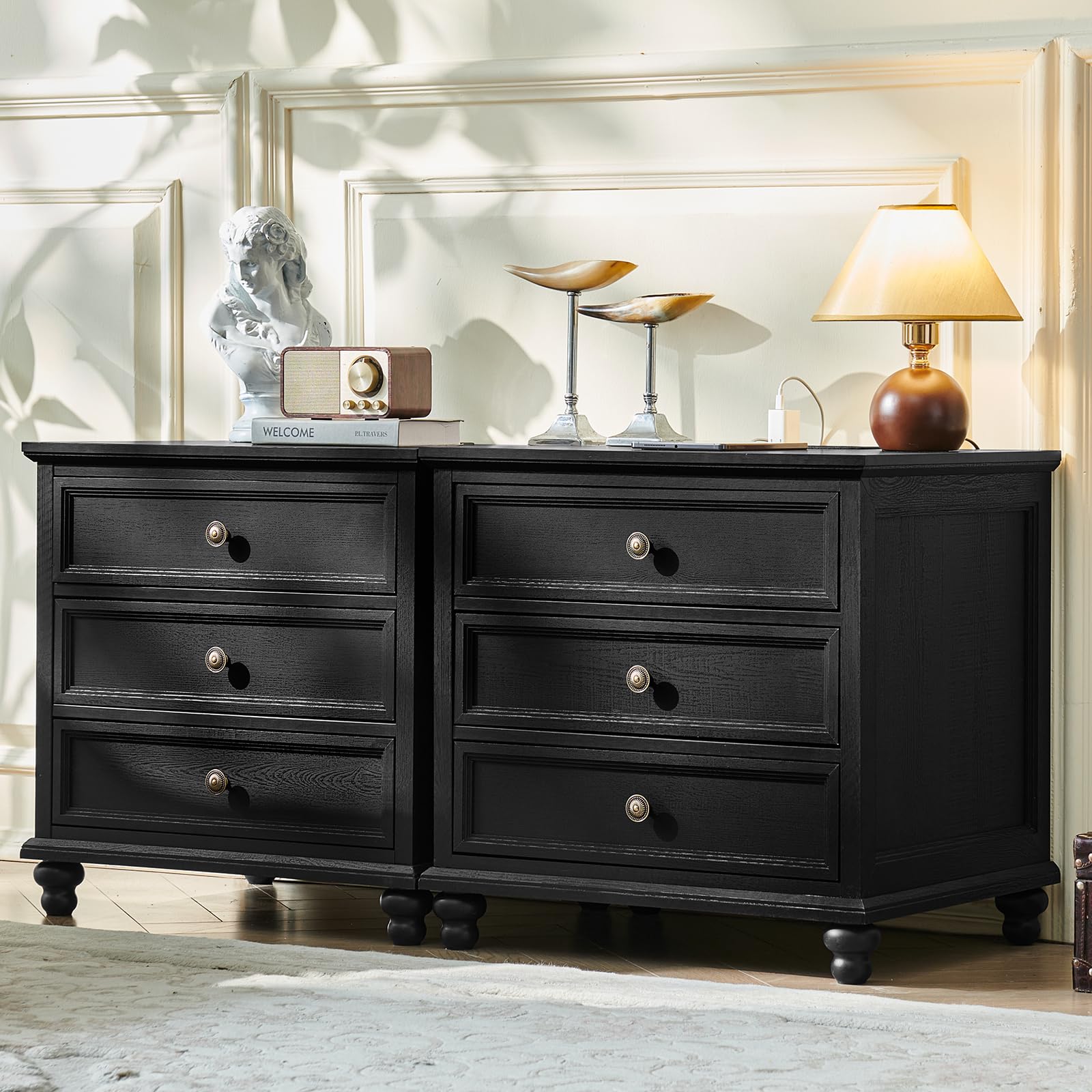 Joaxswe Farmhouse Nightstand Set of 2 with Charging Station, 24" Wide End Table with 3 Drawers,Dresser for Bedroom,Bed Side Table Chest of Drawers Cabinet,Wood Black Night Stand for Living Room