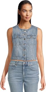 womens Round Neck Button Denim Shell in Robertson Wash