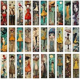 Kit 5 Marcadores de Página Vintage Arte Ilustrada - Papel Rígido Alta Gramatura, Frente e Verso, 15x4cm - Ideal para Livros e Presentes