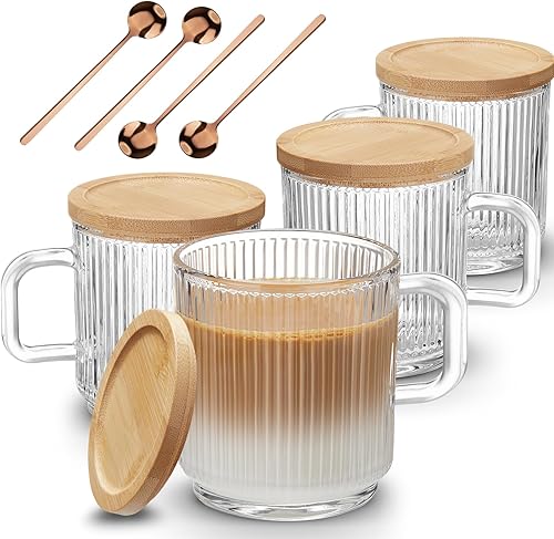 Mfacoy Paquete de 4 tazas de café de vidrio con asa y cuchara, tazas de café de vidrio de 12 onzas con tapa de bambú, tazas de vidrio acanaladas,
