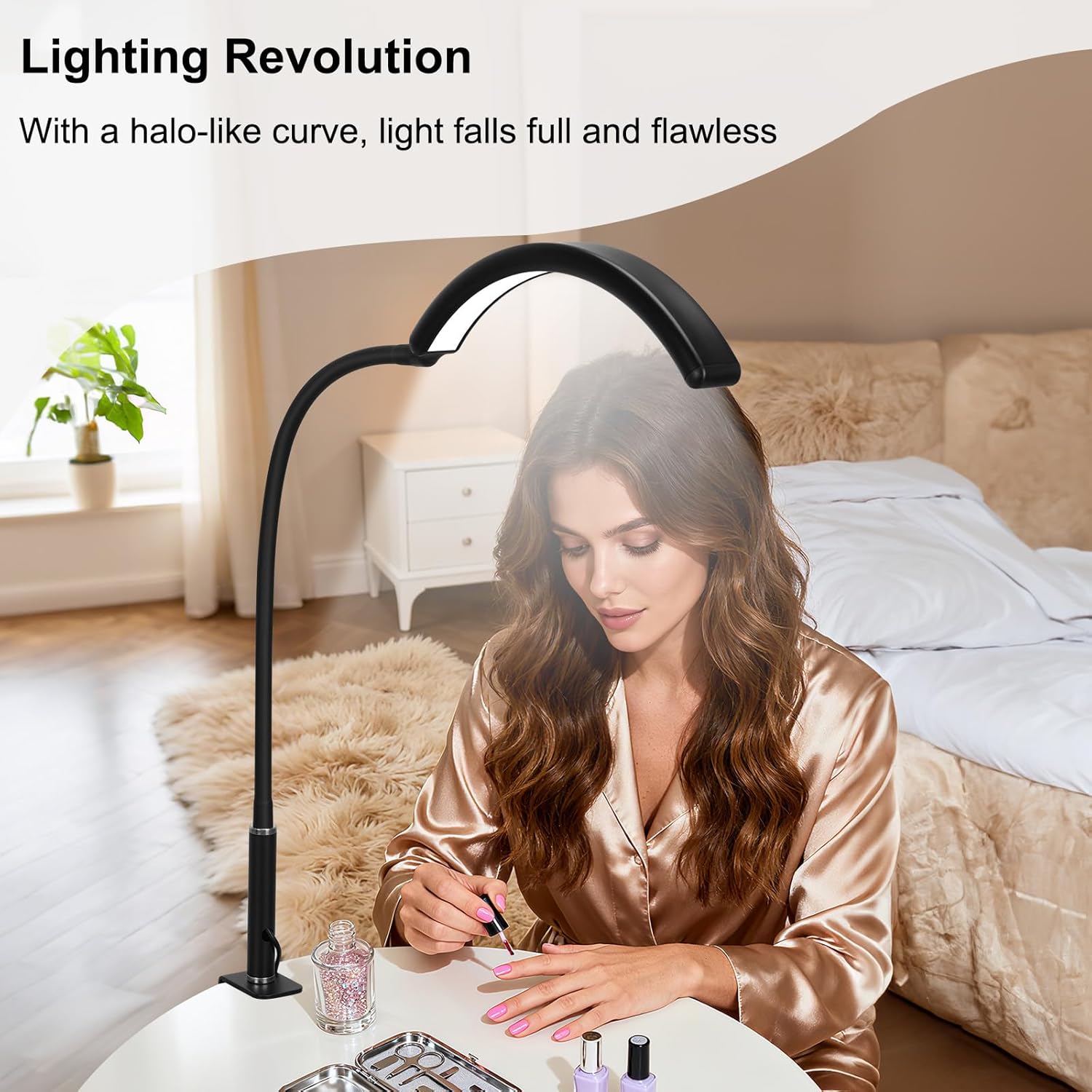 Professional Half Moon LED Desk Light for Nail Techs & Artists – Flexible Gooseneck Lamp with Clamp, 3 Color Modes & 5 Brightness Levels for Manicure, Tattoo, Beauty Work