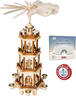Set of BRUBAKER Christmas Pyramid 4-Tier 24 Inches + 20 White Candles + Stick-Um Candle Adhesive