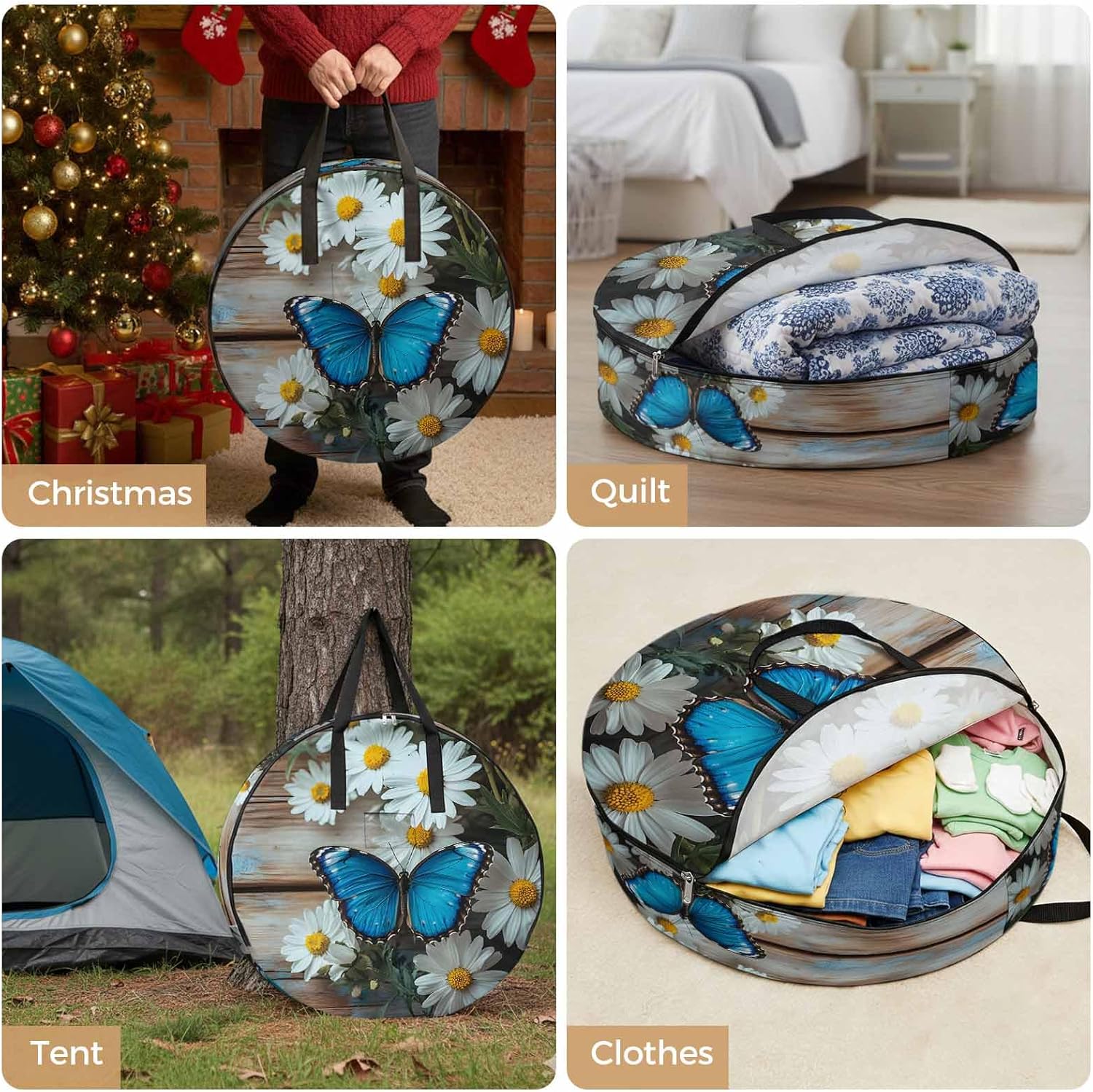 Spring Idyllic Round Storage Bag 36 Inch, Blue Butterfly White Daisy Wood Grain Clothes Storage Container with Handles Heavy Duty Organizer for Comforter, Bedding & Holiday Wreaths