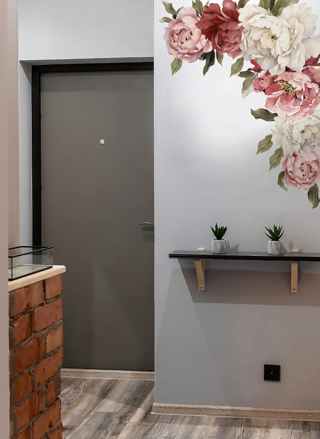 Murwall Red, Pink, and White Peony Wall Decals, Peonies Vintage Bouquet Wall Stickers with Green Leaves