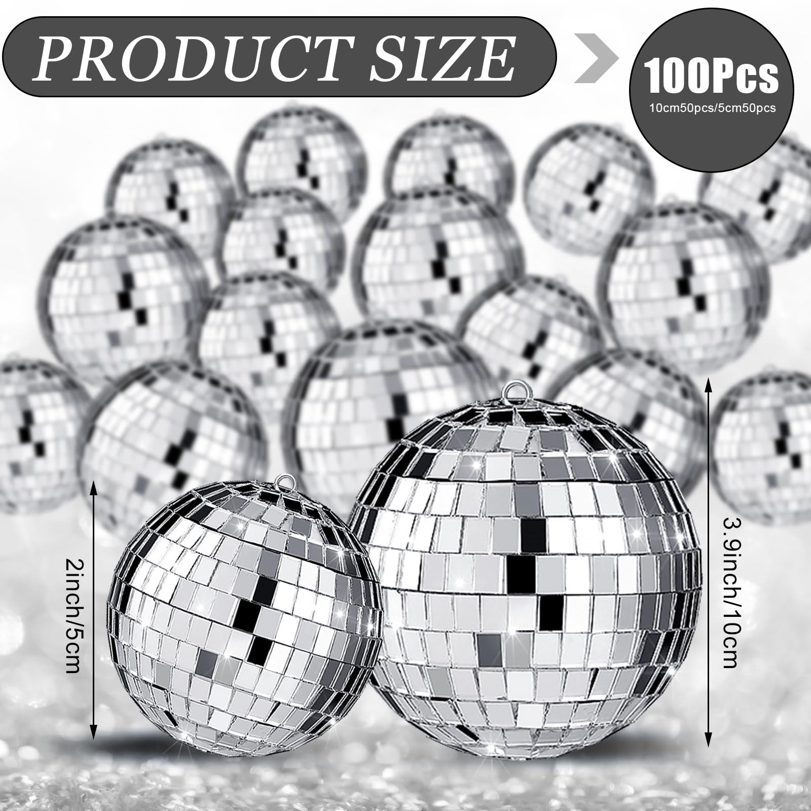Funtery 100 Pcs Mirror Disco Balls Bulk Assorted Silver Hanging Disco Ball Decor for Home Wedding Birthday Dance Music 70 S Theme Party Christmas Tree Ornaments(1.2'', 2'')