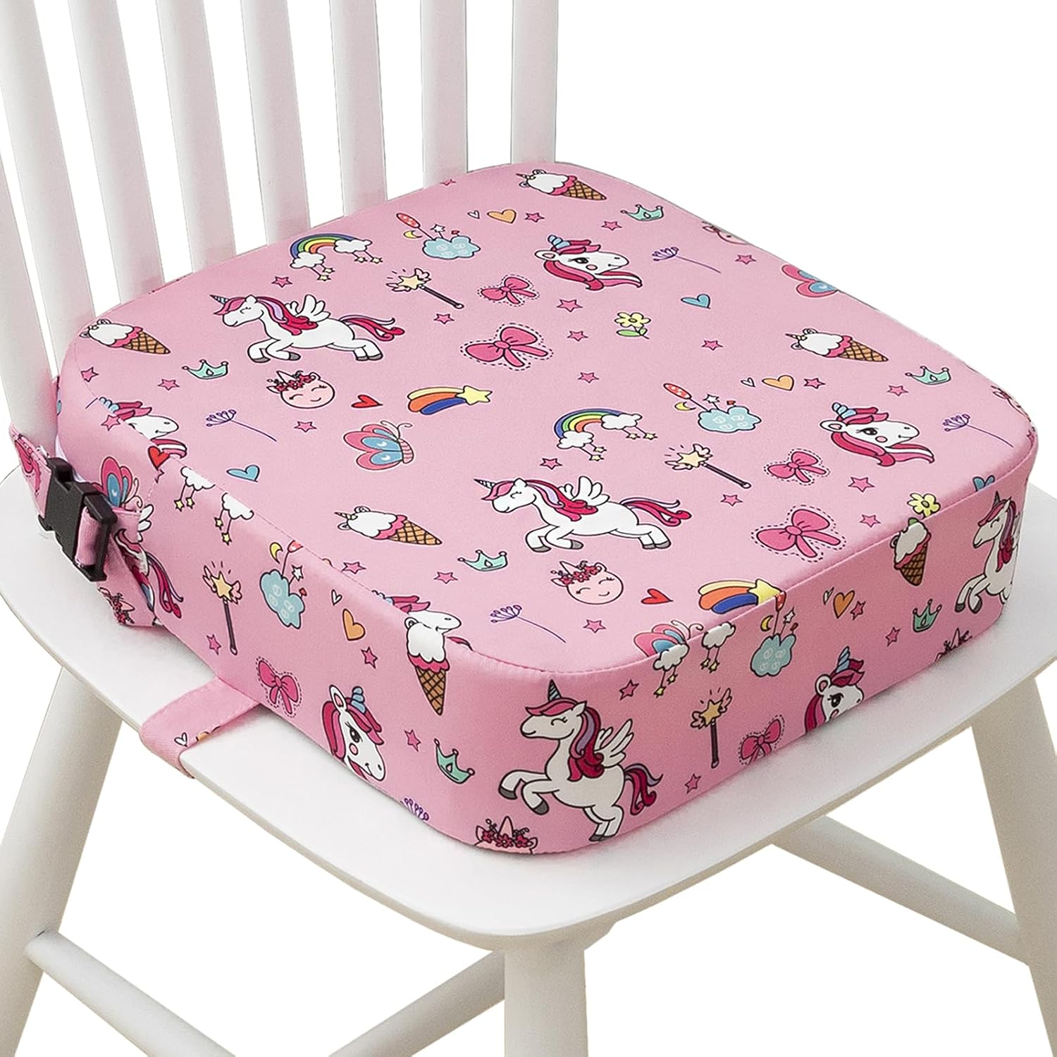 Toddler Booster Seat for Dining Table, Portable Kids Booster Seat with Safety Buckles Portable Increasing Booster Cushion with Non-Slip Bottom (Pink Unicorn) Pink-Unicorn