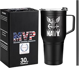 Military Veteran Products 30oz Navy Tumbler Double Wall Vacuum Insulated Stainless Steel USN Travel Mug with Handle | Navy 30oz w/Handle