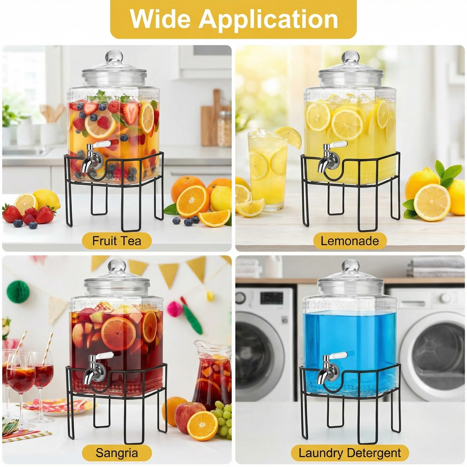 Dispensador de bebidas, dispensadores de bebidas para fiestas, dispensador de bebidas de vidrio de 1 galón con soporte y tapa de vidrio, espiga 100% a prueba de fugas, ideal para limonada, jugo, té