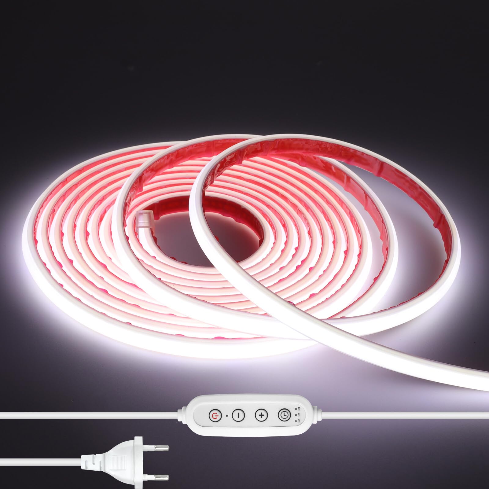 Tira LED neón COB 220V con temporizador/regulación de intensidad [15M, Blanco 6000-6500K], IP65 impermeable flexible, 288 LEDs/m Tira LED FCOB cortable CRI85+, decoración para el hogar
