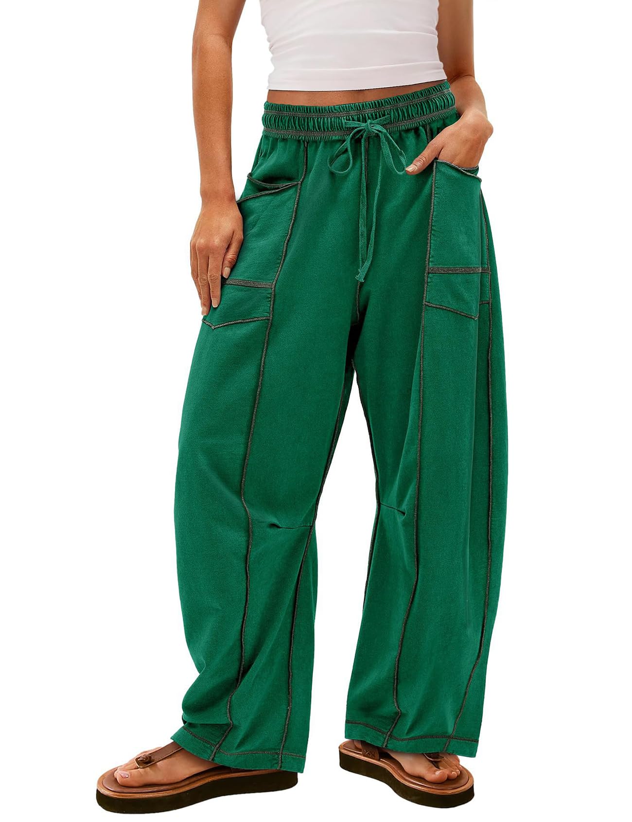 Arssm Womens Baggy Wide Leg Pants Drawstring Barrel Pants Summer Casual Beach Lounge Trousers Green-L