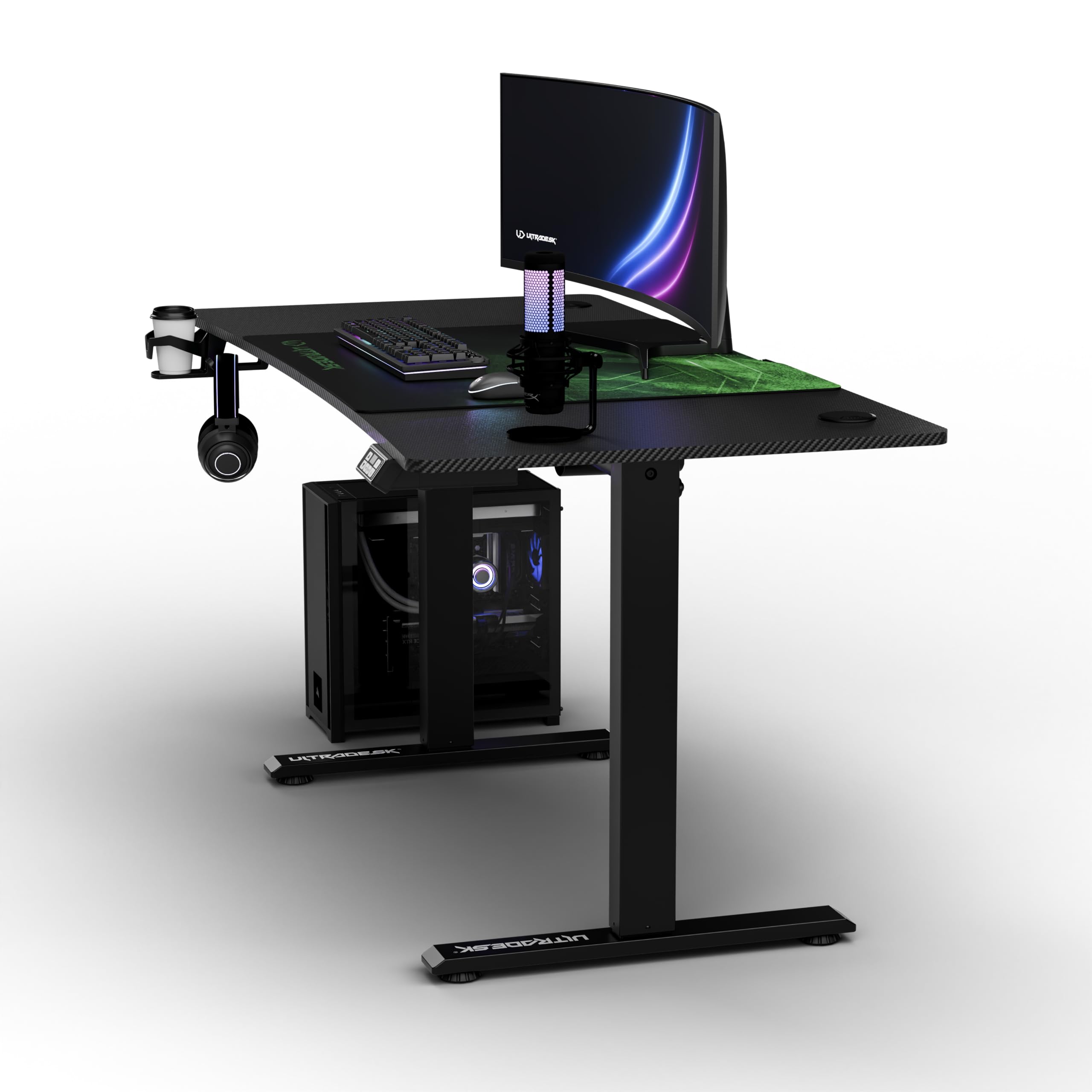 Ultradesk - Scrivania regolabile in altezza Level V2 - Scrivania elettrica per computer - 140x68 cm, per il gioco, il telelavoro - Set con tappetino per mouse XL - Nero, verde